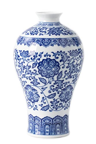 "Blue and White Ceramic Chinoiserie Vase - Decorative Pocelain for Home, Office, Table, Living Room, Bookshelf, Mantle Fireplace, Centerpieces - 9"" Glossy Flower Vase"