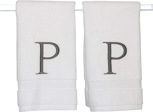 White with Dark Gray Monogrammed Hand Towels for Bathroom Set of 2 Letter P - Luxury Hotel Quality Initial Towels For Powder Room, Spa, GOTS Organic Certified