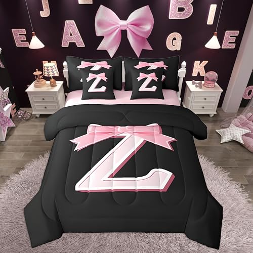 jejeloiu Kawaii Pink Bow Twin Comforter Set with Sheets,Gifts for Women Teen Girl,Monogrammed 7 Piece Bedding Set,Soft Personalized Initial Letter Z Bed in a Bag with Comforter,Sheets,Pillowcases