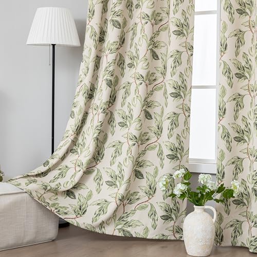 Erbnaryx 80% Blackout Curtains for Bedroom, Green Leaf Patterned Curtains 72 Inch Length for Living Room, Vintage Art Deco Drapes, Thermal Insulated Window Curtains Grommet 2 Panels