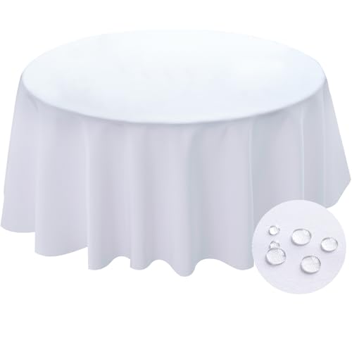 BYDOLL Table Cloth Round 48 Inch Tablecloth Fits Max38 Inch Diameter Top,White Washable Outdoor Winkle and Stain Resistant Spillproof Polyester Tablecloths for Round Tables Party Cover