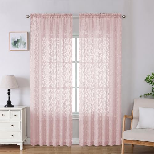 "Lecloud Leia Blush Pink Sheer Curtains 90 Inches Long 2 Panels, Airy Leaf Textured Jacquard Drapes, Light Filtering & Privacy Dual Rod Pocket Window Curtains for Living Room Bedroom, 52"" W x 90"" L"