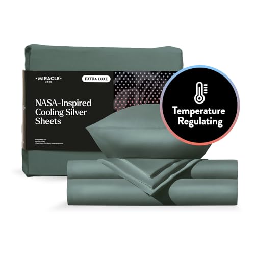 Miracle Made® Extra Luxe COOLIT True Grip Fitted Bed Sheet Set –Sage Green, King– 4 Piece Set, 300-Thread-Count Thread Count Lyocell Silver Infused for Sensitive Skin