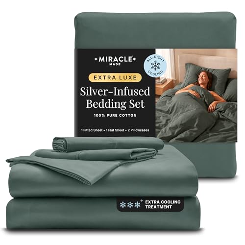 Miracle Made® Extra Luxe COOLIT True Grip Fitted Bed Sheet Set –Sage Green, King– 4 Piece Set, 300-Thread-Count Thread Count Lyocell Silver Infused for Sensitive Skin