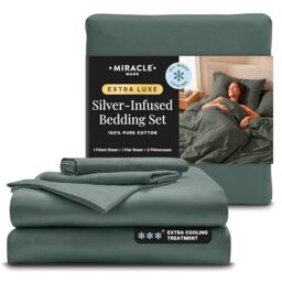 Miracle Made® Extra Luxe COOLIT True Grip Fitted Bed Sheet Set –Sage Green, King– 4 Piece Set, 300-Thread-Count Thread Count Lyocell Silver Infused for Sensitive Skin