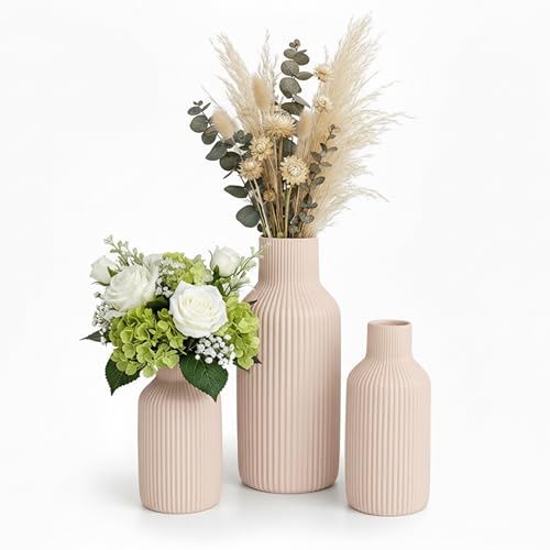 Relaxdays Set of 3 Ceramic Flower Vases, 3 Sizes, for Fresh & Dried Flowers, Beige, 20x9x9 cm
