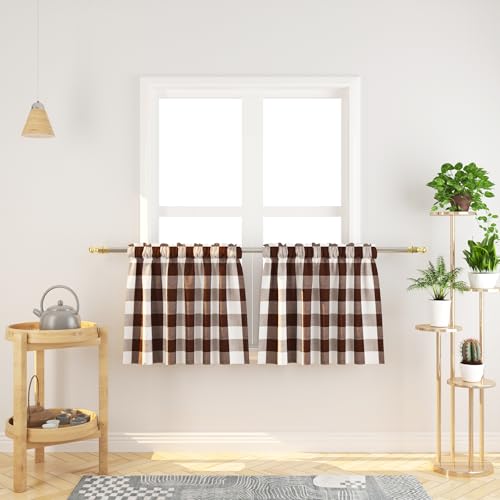 Window Curtain Valances 16 inches Long 2 Panels Buffalo Check Small Mini Short Half Window Curtain Cafe Bathroom Rod Pocket Classic Country Farmhouse Kitchen Tier Curtains - Brown & White