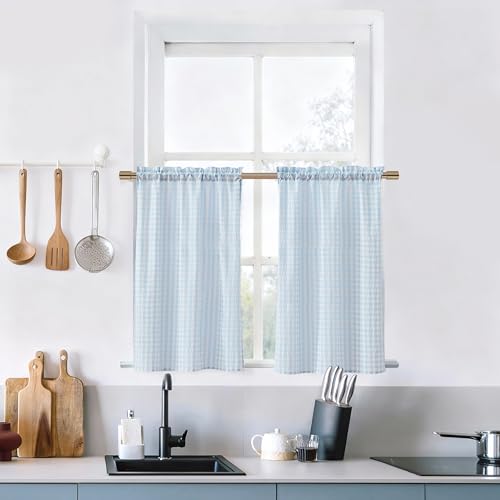 "ZJDECOR Blue Buffalo Plaid Not-See-Through Sheer Kitchen Curtains 36 Inch - Gingham Crinkled Cafe Tier Panels,Farmhouse Window Treatment for Kitchen Bedroom,Rod Pocket,26""Wx36""L(Pack of 2)"