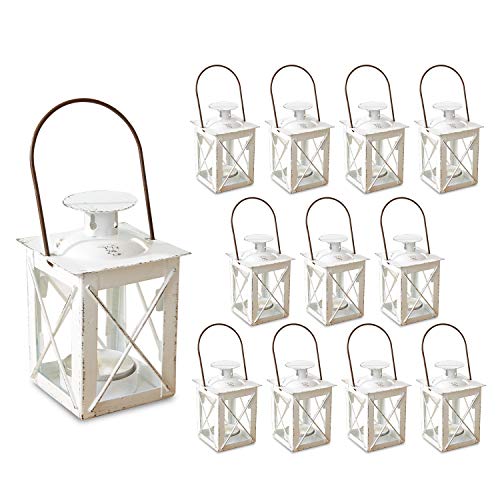 "Kate Aspen Decorative Lanterns - Set of 12 - Luminous Distressed Metal Lantern Candle Holders for Wedding, Home Decor and Party - 4.5"" H (6.5"" H with Handle) – White"