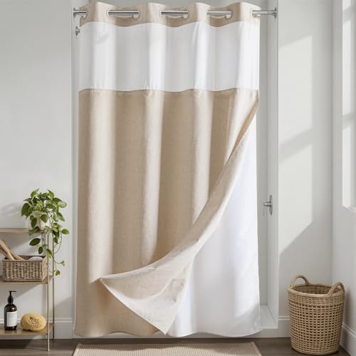 River Dream Linen Textured No Hooks Shower Curtain with Liner,Linen,54x80 - Stall,Mesh Top Window,with Snap-in Liner,Heavy Duty Fabric,Quick Dry,Bottom Magnets,Water-Repellent,Washable,Bathroom Set