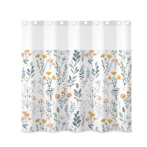 ggaimwf 71x71 Inch No Hook Floral Shower Curtain and Liner Set Flower Leaves Plant Nature Snap in Shower Curtains for Bathroom Spring Summer Rustic Rural Botanical Bathroom Set