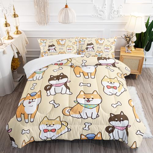 XYNHML Kawaii Cartoon Corgi Dog Animal Themed 3Pcs Comforter Queen Yellow Black Dogs Pattern Bedding for Kids Teens Girls Boys Cute White Bone Quilt Bed Decor Set with 1 Comforter and 2 Pillowcases