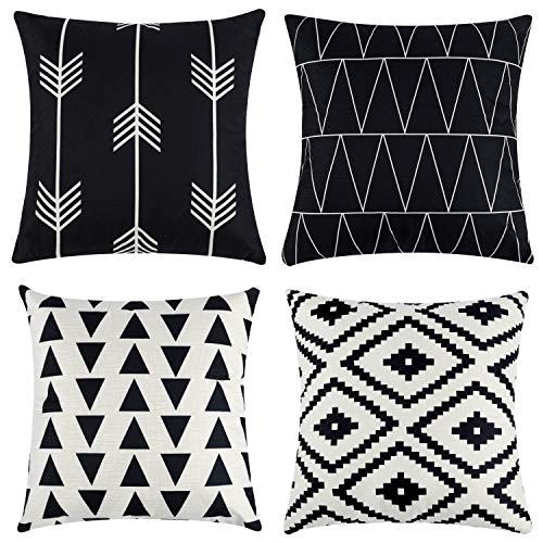 "Tosewever Set of 4 Decorative Geometric 16 x 16 Inches Throw Pillow Covers - Modern Pattern Linen Square Pillow Cushion Case for Sofa Couch Bed Home Outdoor Car (16"" x 16"", Black)"