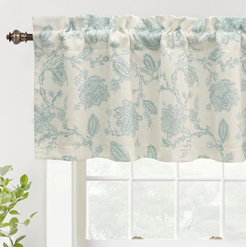 DriftAway Freda Jacobean Floral Linen Blend Blackout Thermal Insulated Energy Saving Privacy Window Linen Curtain Valance Rod Pocket 2 Layers Single 52 Inch by 18 Inch Plus 2 Inch Header Vintage Blue