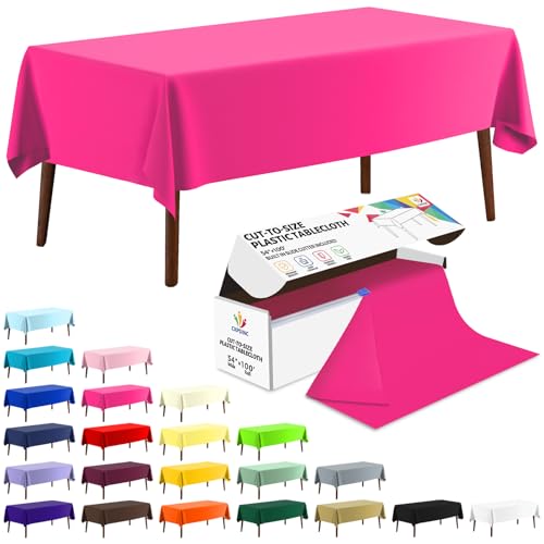 CXPSINC 54 Inch X 100 Feet Plastic Table Cover Roll Disposable Tablecloth with Slide Cutter for All Type/Shape Tables - Party, Banquet, Birthdays, Weddings(Fuchsia, 100 Feet)