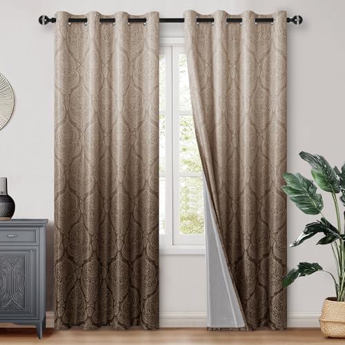 DWCN 100% Blackout Curtains for Bedroom 90 Inch Long - Damask Patterned Ombre Thermal Insulated Energy Saving Grommet Drapes for Living Room, Gradient Window Curtain 2 Panels, 52 x 90 Length, Brown