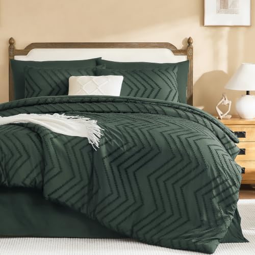 Litanika California King Comforter with Sheets, 7 Pieces Boho Bed Set - Forest Green Bed in a Bag Fluffy Lightweight Neutral Soft Warm Chevron Tufted Textured Bed Set