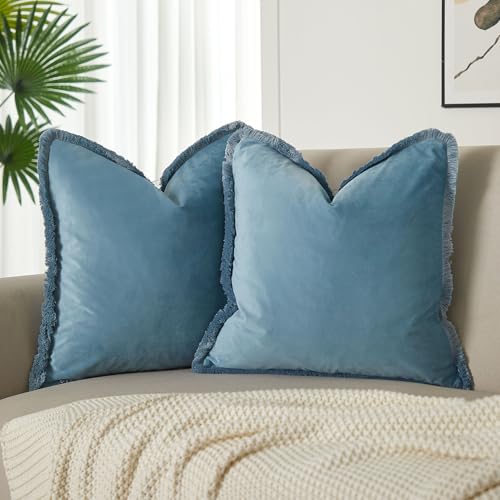 JUSPURBET Aqua Decorative Velvet Fringe Throw Pillow Covers 22x22 Set of 2 Boho Soft Cushion Case for Home Decor Living Room Couch Sofa Bed