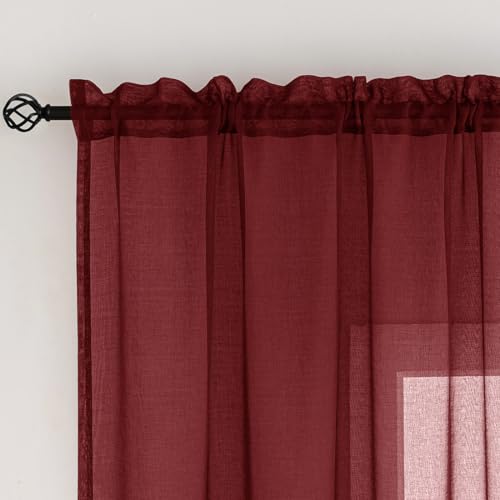 "Burgundy Sheer Curtains 54 inch Length Living Room Short Voile Curtains/Drapes Light Filtering Solid Sheers Cafe Curtains Voile Bathroom Basic Small Window Curtain 2 Panels Set, Rod Pocket, 52"" Wx54 L"