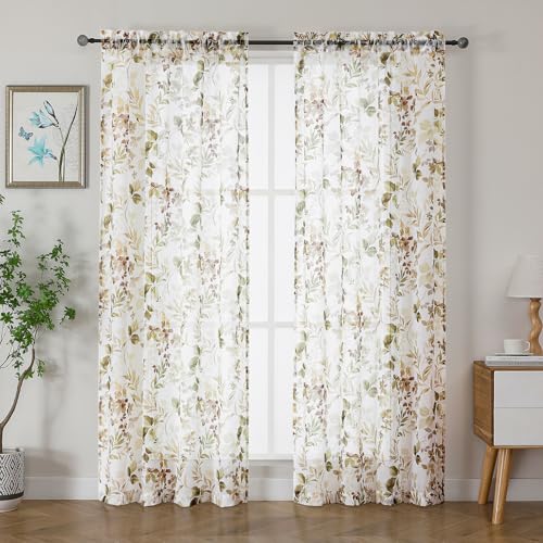 OWENIE Crushed Semi Sheer Curtains 72 Inch Length 2 Panels Set, Printing Floral Pattern Rod Pocket Light Filtering Farmhouse Curtains for Bedroom Living Room, 2 Pieces 84 Inch Wide, 72 inch Long