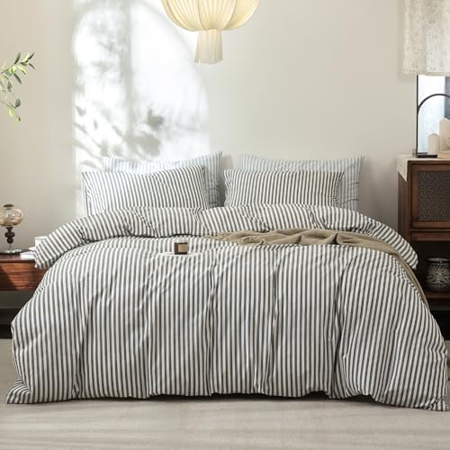 FOSSA Striped Duvet Cover Set 100% Washed Cotton Linen Feel King - Super Soft Breathable Lightweight & All Season Bedding Set with Hidden Zipper & 8 Corner Ties (Dark Grey)