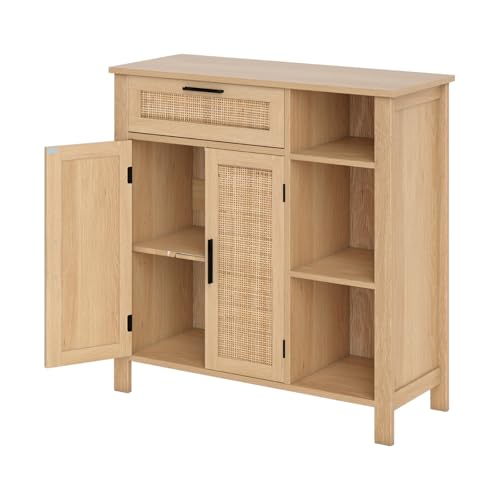 GiantexUK Wooden Buffet Sideboard, Boho Storage Cabinet with 2 PE Rattan Doors, Open Shelves & Drawer, Display Cupboard Organiser for Kitchen Dining Living Room