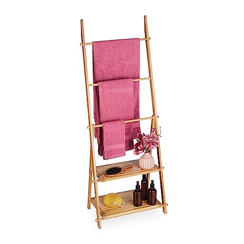 Relaxdays Towel Stand Bamboo, 3 Bars, 2 Storage Shelves, HWD: 134 x 53 x 31.5 cm, Free-Standing, Bathroom Rack, Natural