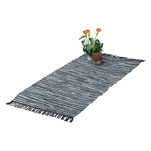 Relaxdays Boho Runner Rug, Cotton and Leather, Non-Slip, Hand-Woven, with Tassels, Hallway, Kitchen, 70 x 140 cm, Grey