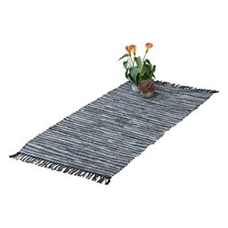 Relaxdays Boho Runner Rug, Cotton and Leather, Non-Slip, Hand-Woven, with Tassels, Hallway, Kitchen, 70 x 140 cm, Grey