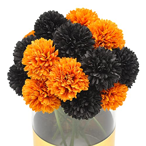 Blooming Paradise 20Pcs Artificial Fake Flower Plants Silk Chrysanthemum Ball Hydrangea Arrangements Wedding Bouquets Decor Home Kitchen Garden Party Table Floral Centerpieces DIY (Orange&Black)