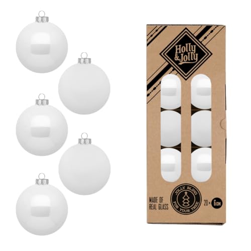 Glass Christmas Baubles, 6 cm, Pack of 20, Matte & Glossy, Christmas Tree Baubles for Christmas, Christmas Tree Decorations & Christmas Tree Decorations, White, Pure White