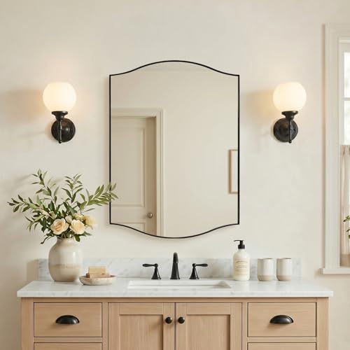 "ANDY STAR Black Bathroom Mirror, 22""x30"" Scalloped Wall Mirror in Stainless Steel Metal Frame, Unique Vanity Mirror with Modern Curved Edge Design, Ideal for Bathroom, Bedroom, Entryway"