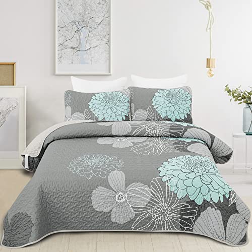 "Anibedding Green Floral Pattern Quilt Set King Size - 3 Pieces Quilt Coverlet Elegant Boho Flower Bedspread with 2 Pillowcases Soft Lightweight Bedding Quilt Set for Adults (Green,104""x90"")"