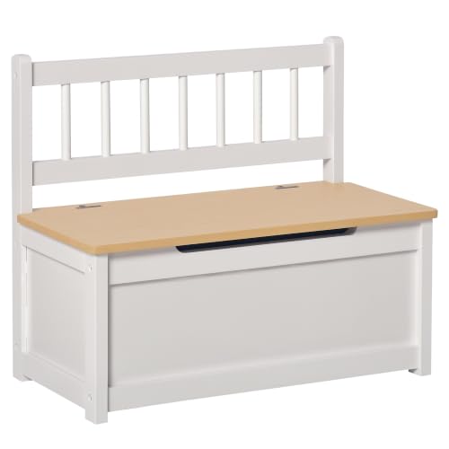 HOMCOM 2 In 1 Wooden Toy Box Kids Seat Bench Organiser 60 x 30 x 50cm White - Storage Chest Cabinet, w/ Safety Pneumatic Rod