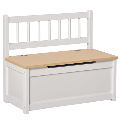 HOMCOM 2 In 1 Wooden Toy Box, Kids Seat Bench Storage Chest Cabinet Organiser w/Safety Pneumatic Rod, 60 x 30 x 50cm - White