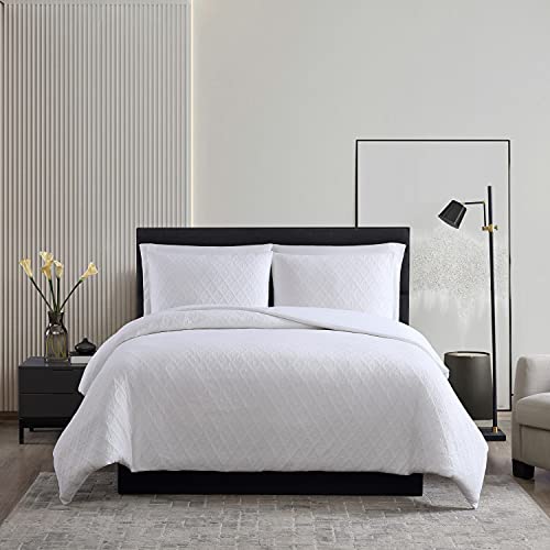 Vera Wang - Double Diamond Collection - Duvet Cover Set - Soft & Breathable, Reversible Bedding with Matching Shams, Medium Weight & Ideal for All Seasons, Queen, White