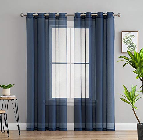 HLC.ME 2 Piece Semi Sheer Voile See Through Window Curtain Grommet Panels for Bedroom, Living Room & Dining Room - Navy Blue - 54 W x 72 Inch Long