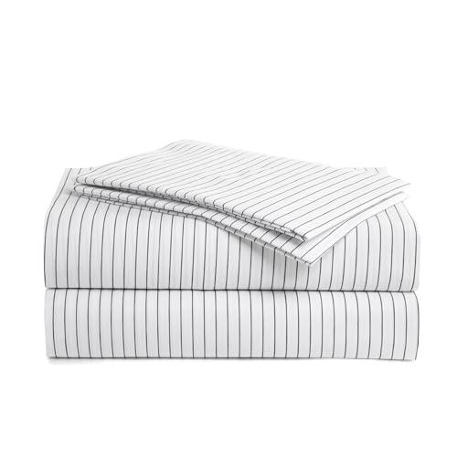 Peru Pima 415 Thread Count Percal California King Sheet Set - 100% Peruvian Pima Cotton, 4 Piece (Flat, Fitted, 2 Pillowcases) - Cooling, Deep Pocket, Hotel Quality Bedding - Pinstripe White