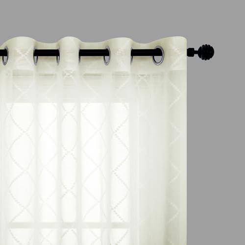 KOUFALL Quatrefoil Sheer Curtains 63 Inch Length for Living Room Cream Beige Grommet Airy Semi Sheer Curtains Faux Linen Texture Light Filtering Square Pattern Set 2 Panels Drapes for Family Room