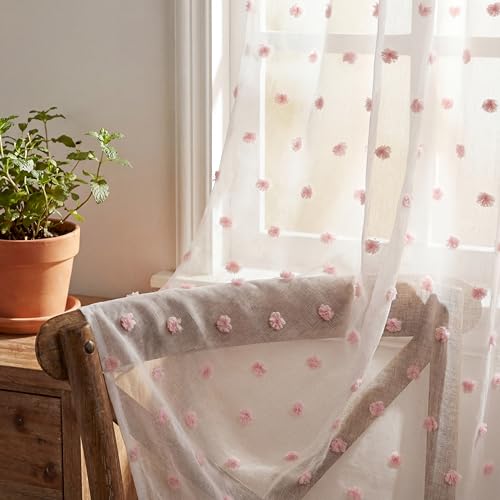 "Horaldaily White Sheer Curtains for Living Room and Bedroom, Boho Drapes Farmhouse Pink Pom Pom Curtains Light Filtering Sheer Nursery Kids, 52"" W x 96"" L, Set of 2 Curtain Panels"