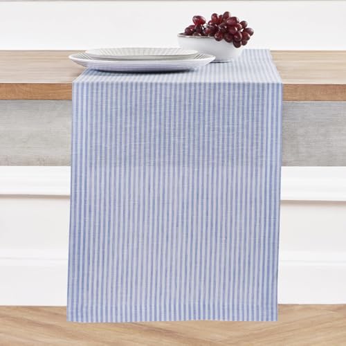Solino Home 100% Pure Linen Table Runner, 14 x 144 in, Blue, Narrow Stripe - Table Runners for dining and console tables - woven stripe, mitered corners - Cornflower Blue and White - OEKO-TEX Certified