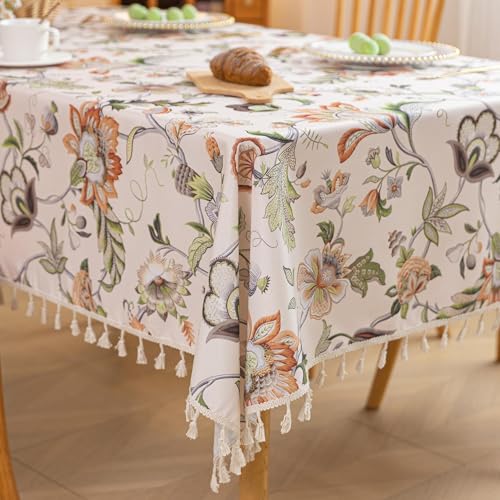 "Erbnaryx Handblock Print Tablecloth for Square Tables,Fringed Edges with Flower Pattern Tablecloths,Table Cover Cloth Decorative for Kitchen Dining Room,59""x 86"""