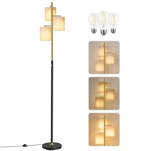 VASAGLE Floor Lamp for Living Room, Modern Standing Lamp with 3 Bulbs, Adjustable Brightness, Fabric Lampshade, 3 E27 Sockets, for Bedroom, Gold and Black LFL003B03