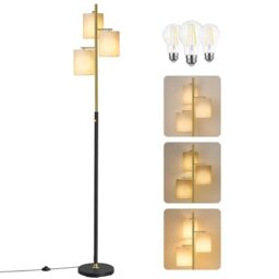 VASAGLE Floor Lamp for Living Room, Modern Standing Lamp with 3 Bulbs, Adjustable Brightness, Fabric Lampshade, 3 E27 Sockets, for Bedroom, Gold and Black LFL003B03