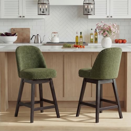 Bar Stools Set of 2, 360° Swivel Counter Stools with Upholstered Seat, Wooden Frame & Nailhead Trim, Kitchen Breakfast Bar Chairs with Backrest for Kitchen Island, Dining Room, Home Bar,Green