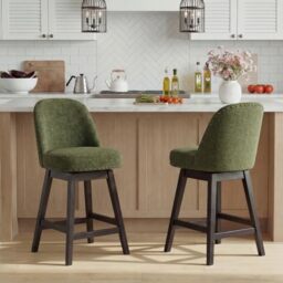 Bar Stools Set of 2, 360° Swivel Counter Stools with Upholstered Seat, Wooden Frame & Nailhead Trim, Kitchen Breakfast Bar Chairs with Backrest for Kitchen Island, Dining Room, Home Bar,Green