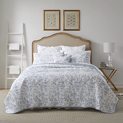 Laura Ashley Cotton Reversible Bedding with Matching Shams, Home Decor for All Seasons, Amberley Blue, Queen