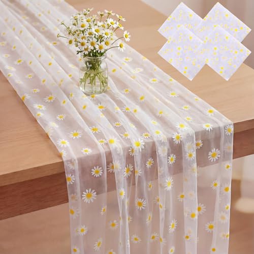 Windkream 4 Pcs Cherry Table Runner 29 x70 inch Pink Glitter Tulle Lace Cloth Rectangle Fruit Table Cover for Cherry Summer Birthday Baby Shower Wedding Party Home Kitchen Decor(Daisy)