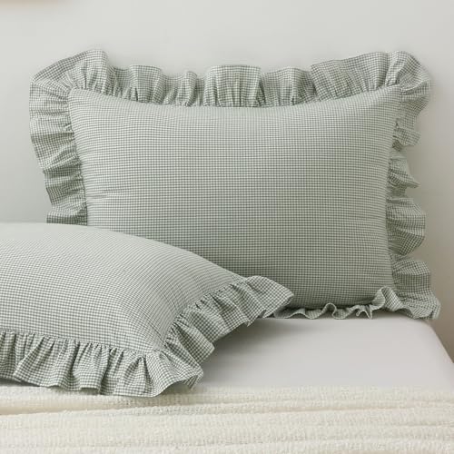 Aryeleay 2 Pack Pile Green White Plaid Gingham Ruffle Pillow Shams Standard Size, 100% Washed Cotton Checkered Farmhouse Pillow Covers for Bed/Sofa-20 x26