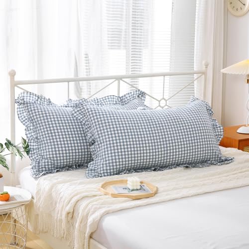 K MASANIJI 2 Pack Dust Blue White Plaid Gingham Ruffle Pillow Shams Standard Size, 100% Washed Cotton Buffalo Checkered Farmhouse Bed Pillow Covers Envelope Closure - 20''x26''